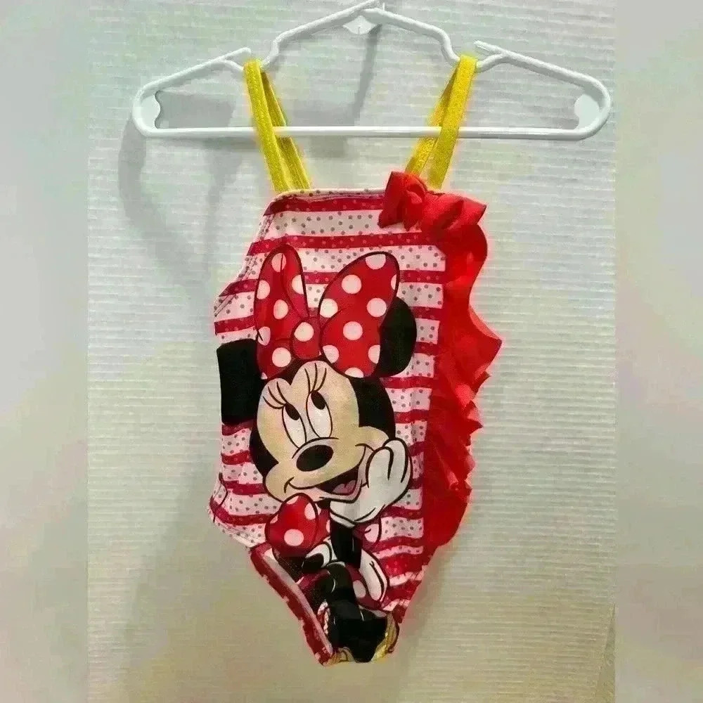 Disney Minnie Mouse Swimsuit Red White Stripe & Polka Dots Girls Size Toddler 2T
